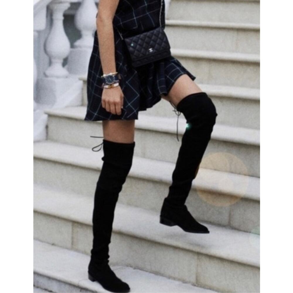 Stuart Weitzman Lowland Over The Knee Boots Thigh High Suede Block Heel Flat - Picture 3 of 15